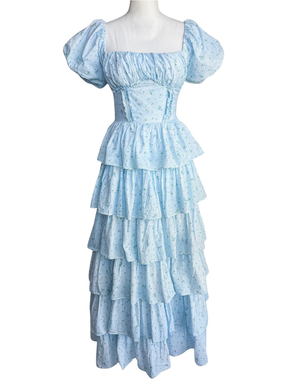 Amy Jane London Blue Floral Tiered Maxi Dress Puff Sleeve Cottagecore Small